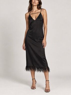 NWT o.p.t. Black Satin Midi Slip Dress with Feather Hem